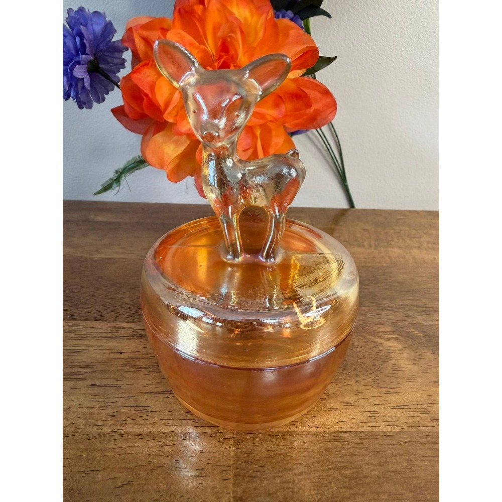 Vintage Jeannette Glass Fawn Deer Powder Jar Marigold Carnival Glass Trinket Box
